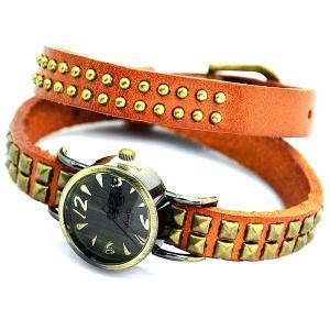 Vintage Round Quartz Rivet Leather Watchband Black..