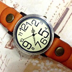 Vintage Big Arabic Numerals Face Leather Watchband..
