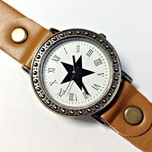 Handmade Vintage Star Face Leather Band Watches..