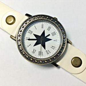 Star Face Vintage Leather Band Watches Woman Girl..