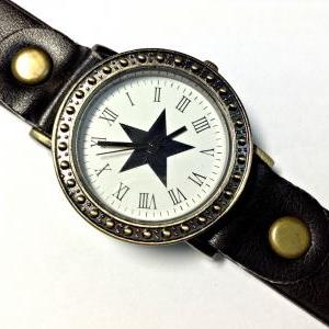 Vintage Star Face Leather Band Watches Woman Girl..