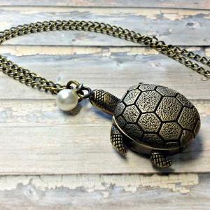 Handmade Vintage Turtle Pocket Watch Necklace With..