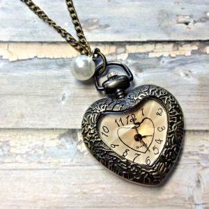 Handmade Vintage Heart Pocket Watch Necklace With..