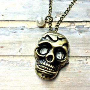 Handmade Vintage Skull Pocket Watch Necklace With..