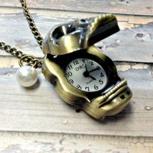 Handmade Vintage Skull Pocket Watch Necklace With..