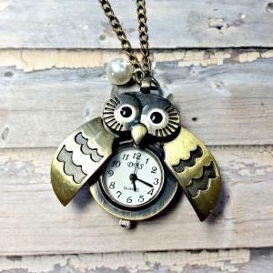 Handmade Vintage Owl Pocket Watch Necklace With..
