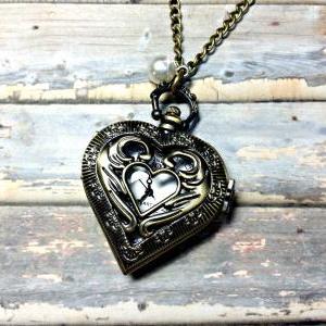 Handmade Vintage Style Heart Pocket Watch Necklace..