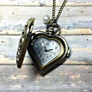 Handmade Vintage Pocket Watch Heart Necklace With..