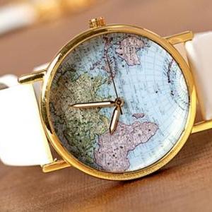 Vintage Leather Watchband Unisex World Map Wrist..