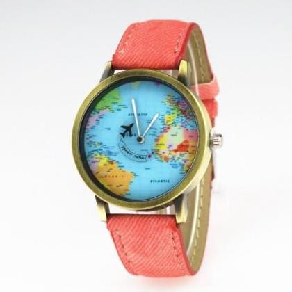 Handmade Vintage World Map Face Leather Watchband..