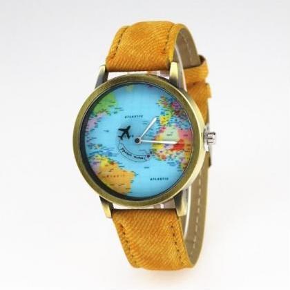 Handmade Vintage World Map Face Leather Watchband..