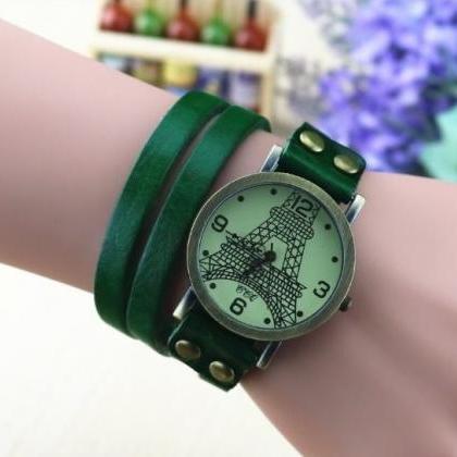 Handmade Vintage Tower Face Wrap Leather Watchband..