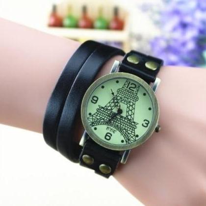 Handmade Vintage Tower Face Wrap Leather Watchband..