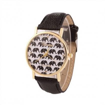 Elephant Retro Quartz Watch Leather Band Unisex..