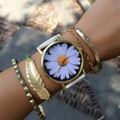Sunflower Face Leather Watchband Unisex Wrist..