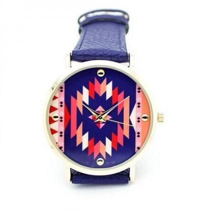 Geometry Pattern Watch Retro Quartz Watch Leather..