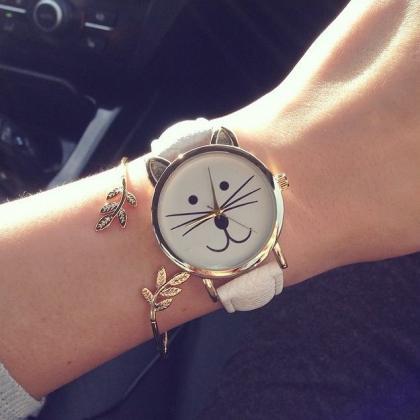 Lovely Cat Watch Retro Quartz Watch Leather Band..