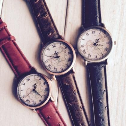 Vintage Map Style Watch Retro Quartz Watch Leather..