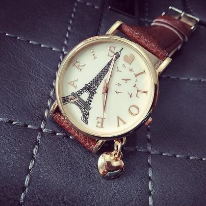 Paris Love Watch Leather Watchband Unisex Wrist..
