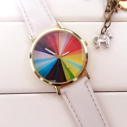 Color Wheel Watch Leather Watchband Unisex Wrist..