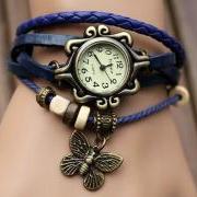 Handmade Vintage Quartz Weave Around Leather Bracelet Lady Woman Wrist Watch With Butterfly Charm Blue