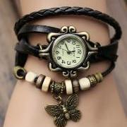 Handmade Vintage Quartz Weave Around Leather Bracelet Lady Woman Wrist Watch With Butterfly Charm Black