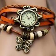 Handmade Vintage Quartz Weave Around Leather Bracelet Lady Woman Wrist Watch With Butterfly Charm Light Brown