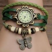 Handmade Vintage Quartz Weave Around Leather Bracelet Lady Woman Wrist Watch With Butterfly Charm Green