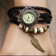 Handmade Leather Strap Watches Woman Girl Quartz Wrist Watch Bracelet Watch Black