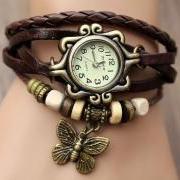 Handmade Vintage Quartz Weave Around Leather Bracelet Lady Woman Wrist Watch With Butterfly Charm Dark Brown