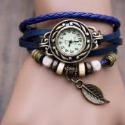 Handmade Vintage Style Leather Band Watches Woman Girl Lady Quartz Wrist Watch Blue