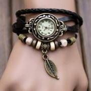 Handmade Vintage Style Leather Band Watches Woman Girl Lady Quartz Wrist Watch Black