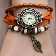Handmade Vintage Style Leather Band Watches Woman Girl Lady Quartz Wrist Watch Light Brown