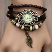 Handmade Vintage Style Leather Band Watches Woman Girl Lady Quartz Wrist Watch Dark Brown