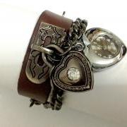 Handmade Vintage Leather Band Heart Lock Chain Watches Woman Girl Quartz Wrist Watch Brown