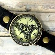 Handmade Vintage Eiffel Tower La Tour Analog Elegant Watches Leather Woman Girl Quartz Wrist Watch Black