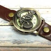 Handmade Vintage Motorcycle Case Face Leather Watchband Unisex Wrist Watch For Men Lady Quartz Dark Brown