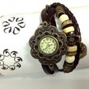 Handmade Vintage Flower Face Leather Band Elegant Watches Woman Girl Quartz Wrist Watch Dark Brown