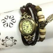 Handmade Vintage Style Leather Band Elegant Watches Woman Girl Quartz Wrist Watch Dark Brown