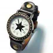 Vintage Star Face Leather Band Watches Woman Girl Quartz Wrist Watch Black