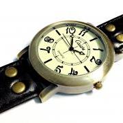 Handmade Vintage Big Arabic Numerals Face Leather Watchband Unisex Wrist Watch For Men Lady Quartz Black