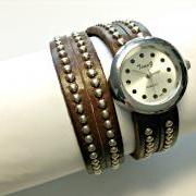 Handmade Vintage Leather Strap Watches Woman Girl Lady Quartz Wrist Watch Bracelet Watch Dark Brown
