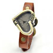 Handmade Vintage Leather Band Love Heart Classical Face Watches Woman Girl Lady Quartz Wrist Watch Light Brown