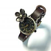Handmade Vintage Flower Face Leather Band Woman Lady Girl Quartz Wrist Watch Dark Brown