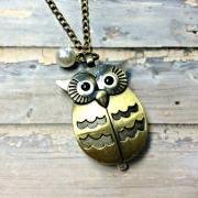 Handmade Vintage Owl Pocket Watch Necklace With Pearl Pendant