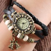 Handmade Vintage Quartz Weave Around Leather Bracelet Lady Woman Girl Wrist Watch With Bell Charm Black