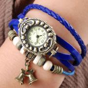 Handmade Vintage Quartz Weave Around Leather Bracelet Lady Woman Girl Wrist Watch With Bell Charm Blue