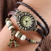 Handmade Vintage Quartz Weave Around Leather Bracelet Lady Woman Girl Wrist Watch With Bell Charm Dark Brown