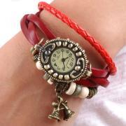 Handmade Vintage Quartz Weave Around Leather Bracelet Lady Woman Girl Wrist Watch With Bell Charm Red