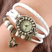 Handmade Vintage Quartz Weave Around Leather Bracelet Lady Woman Girl Wrist Watch With Bell Charm White